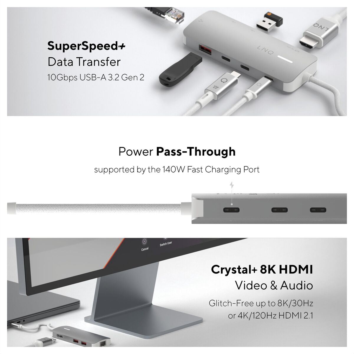 USB Hub Linq Byelements LQ49081PS White Grey