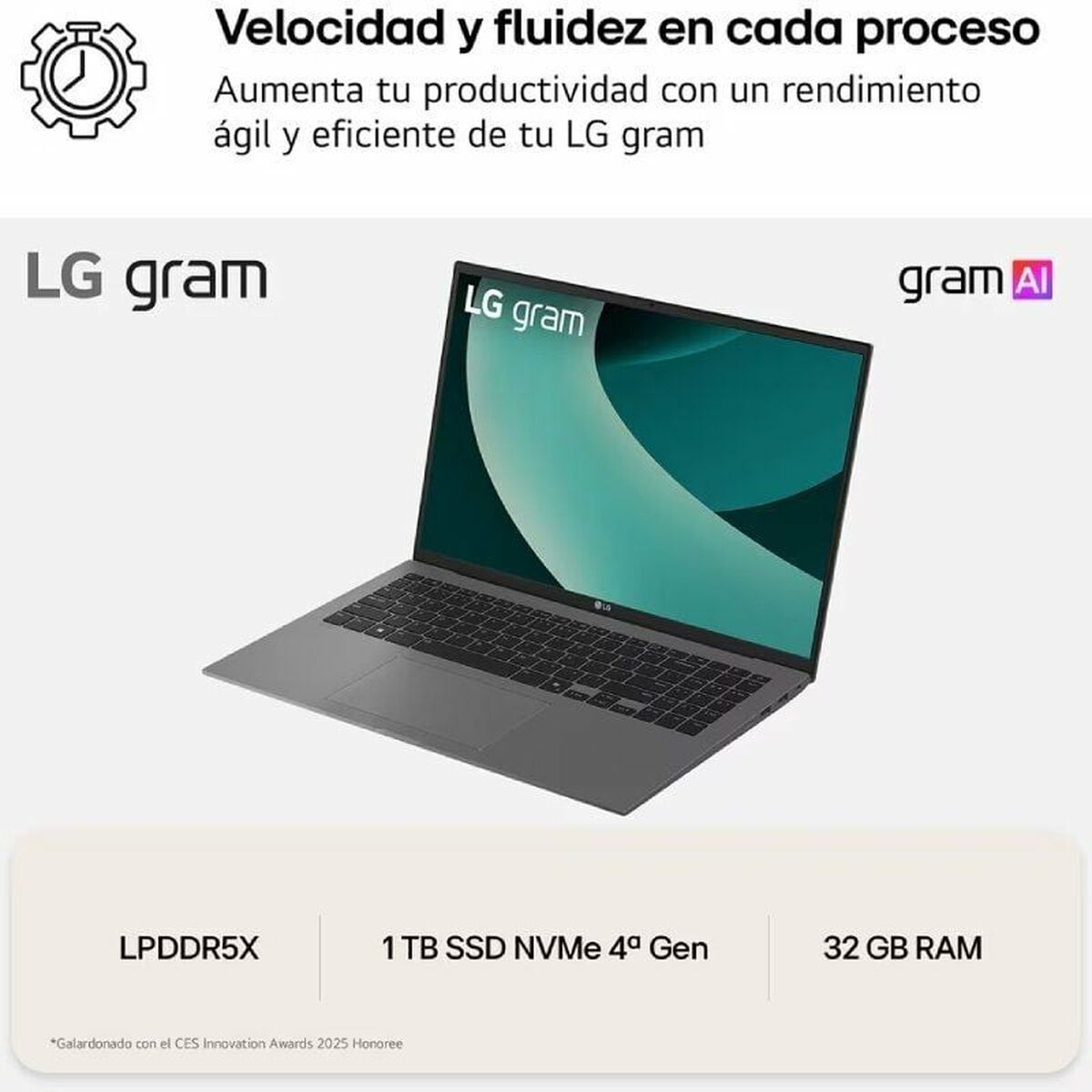 Laptop LG 16Z90TL-G.AU88B 16″ intel core ultra 7 32 GB RAM 1 TB SSD Spanish Qwerty