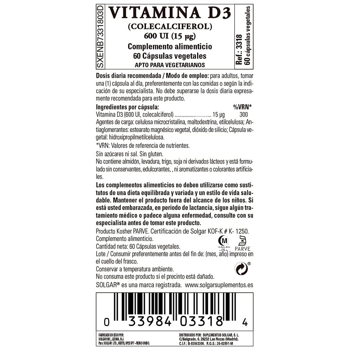 Vitamin D3 (Cholecalciferol) Solgar 600 iu 60 Capsules
