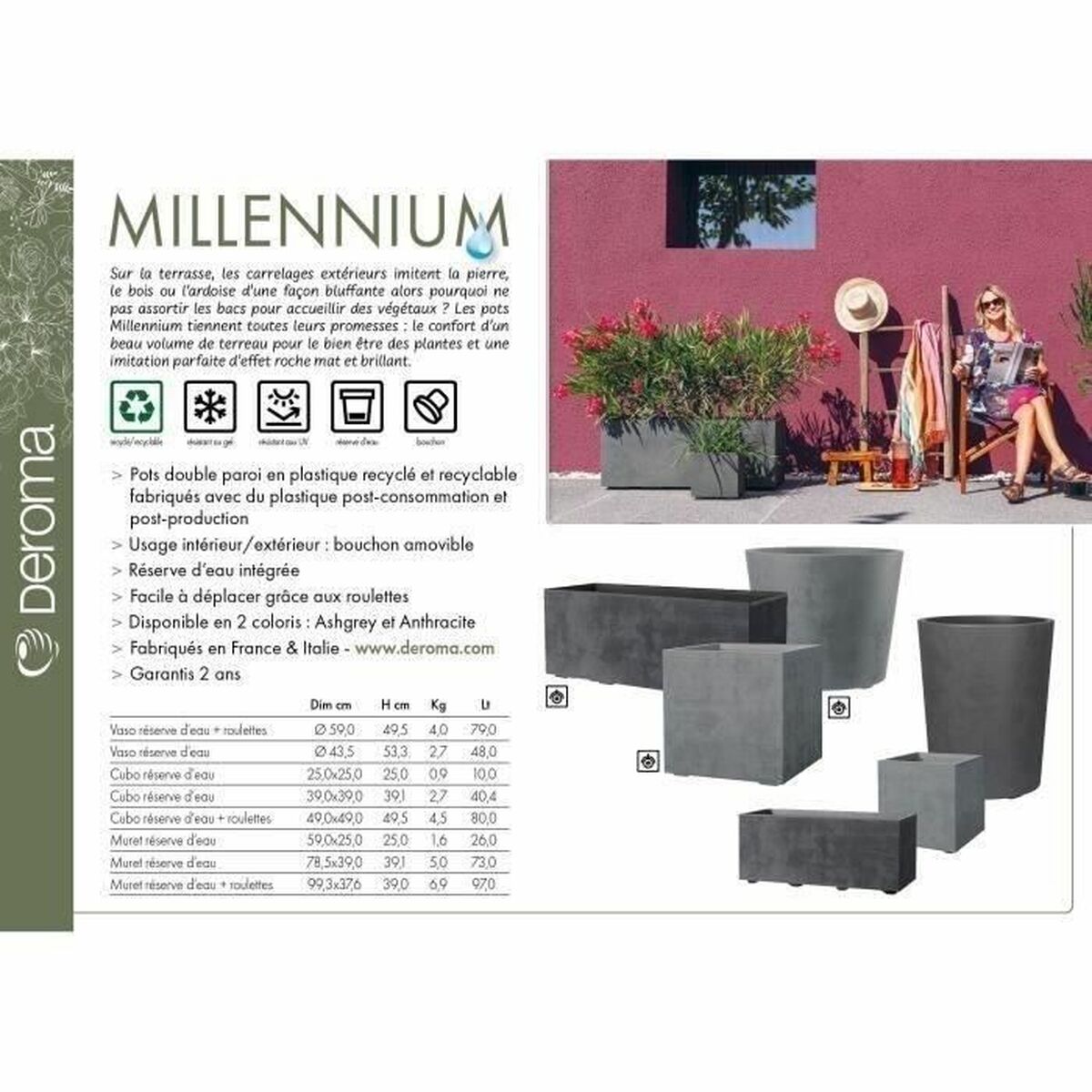 Planter Deroma Millennium R Grey Anthracite Plastic Recycled plastic Circular Vase