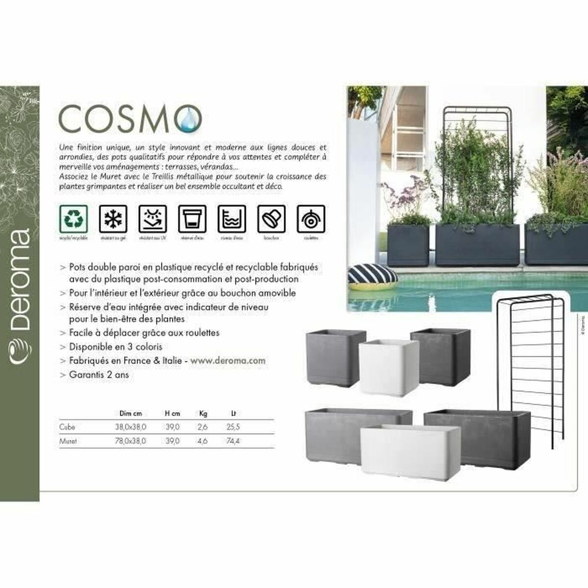 Planter Deroma Cosmo Grey Plastic Recycled plastic 38 x 38 x 39 cm Squared Bucket 38 cm