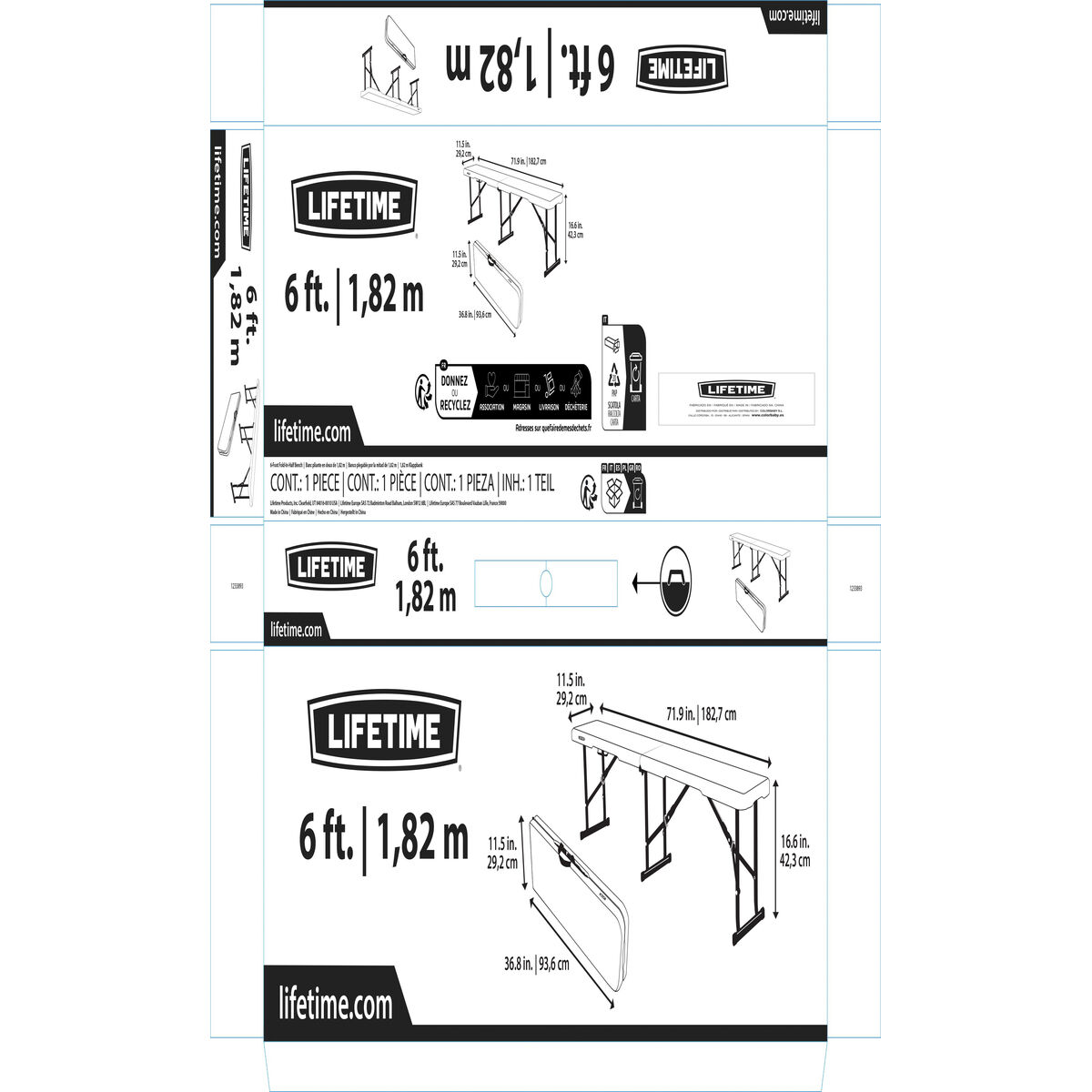 Bench Lifetime White Foldable 183 x 42 x 29 cm