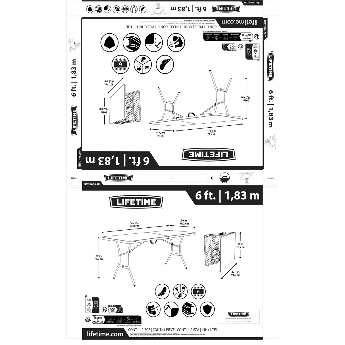 Folding Table Lifetime White 185 x 74 x 76 cm Steel Plastic