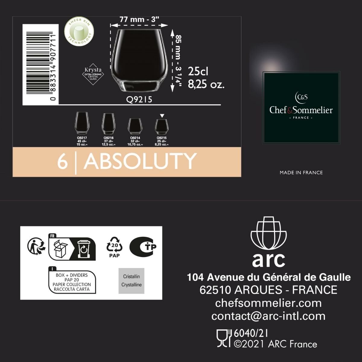 Set of glasses Chef & Sommelier Absoluty Transparent Glass 370 ml 6 Units