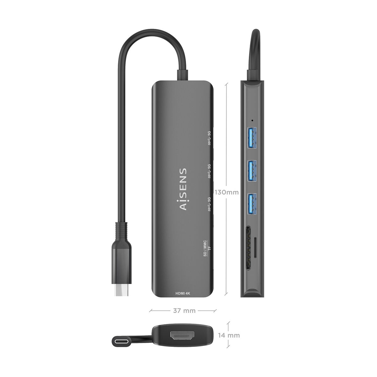 USB Hub Aisens USB-C DOCK 6 EN 1 Grey