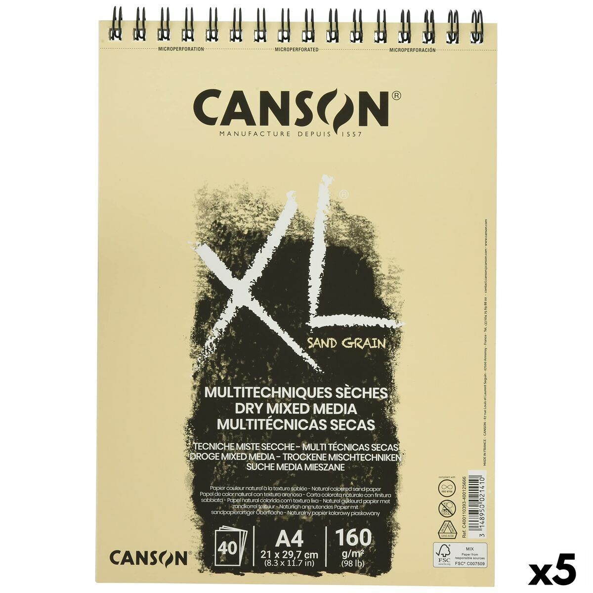 Drawing Pad Canson XL Sand Natural A4 5 Units 40 Sheets 160 g/m2 Drawing Pad Canson XL Sand Natural A4 5 Units 40 Sheets 160 g/m2
