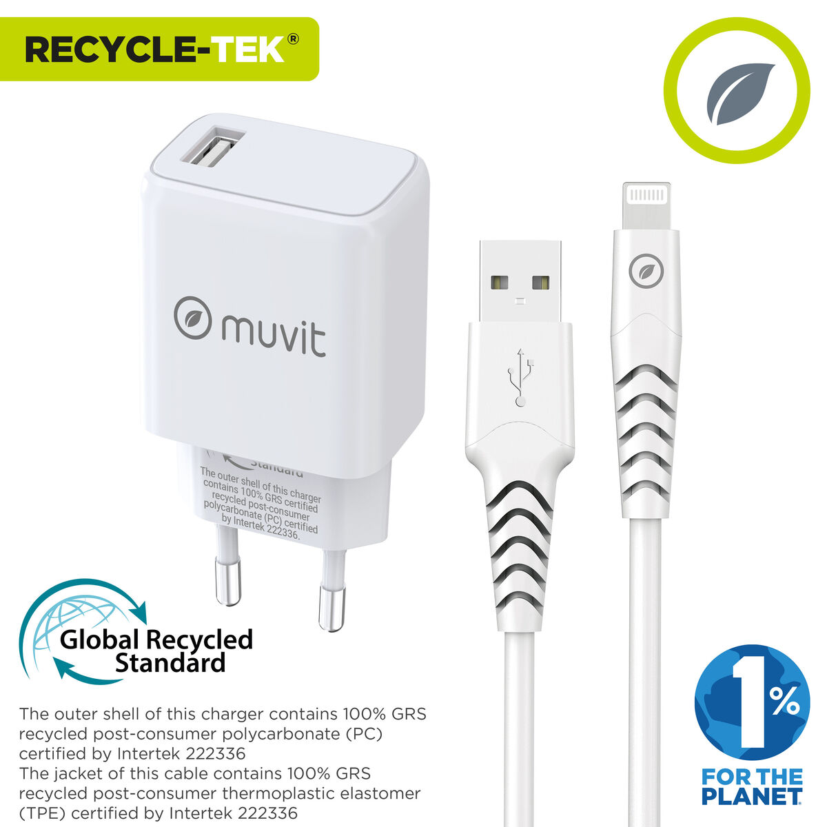 Wall Charger + USB A to USB-C Cable Muvit for Change White 12 W