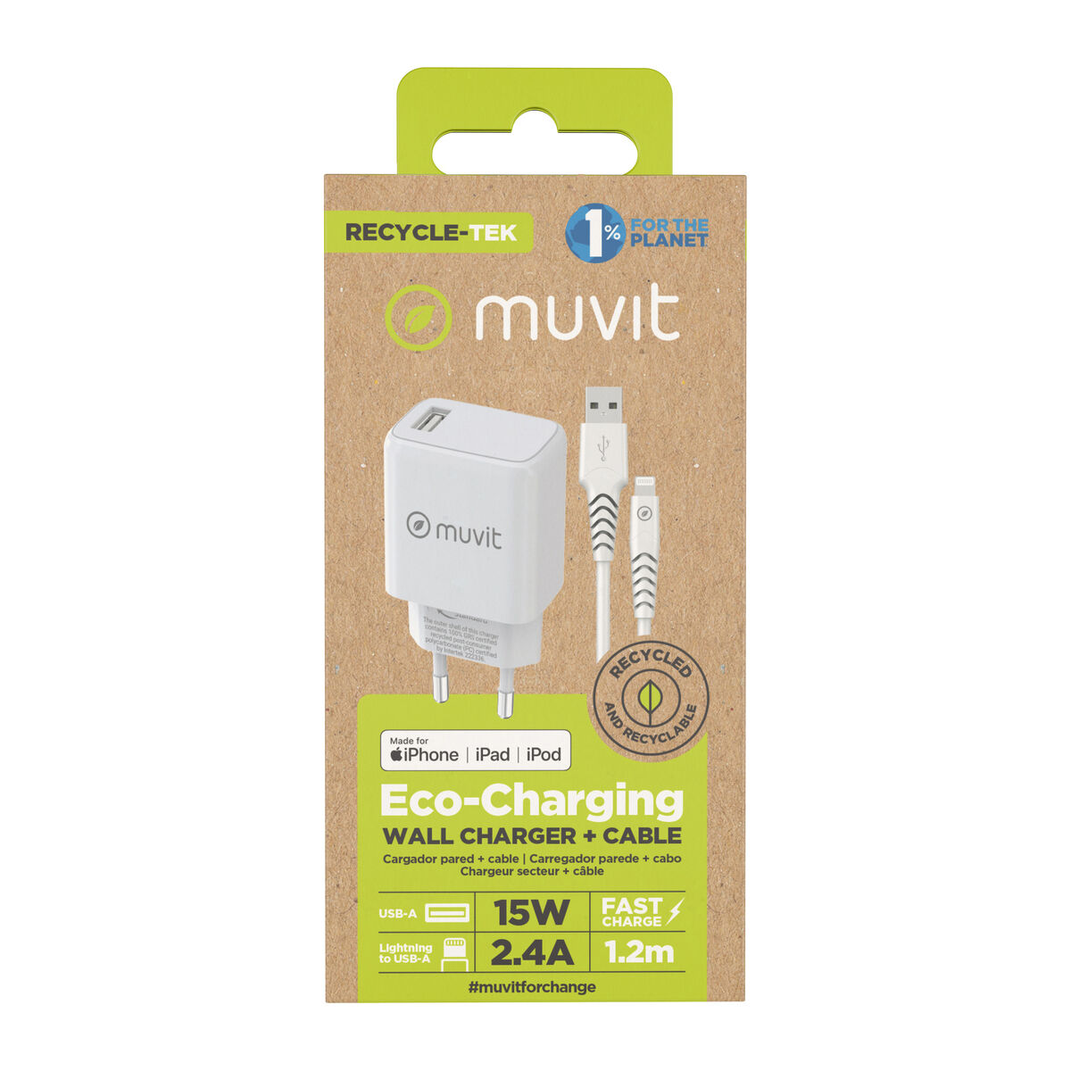 Wall Charger + USB A to USB-C Cable Muvit for Change White 12 W