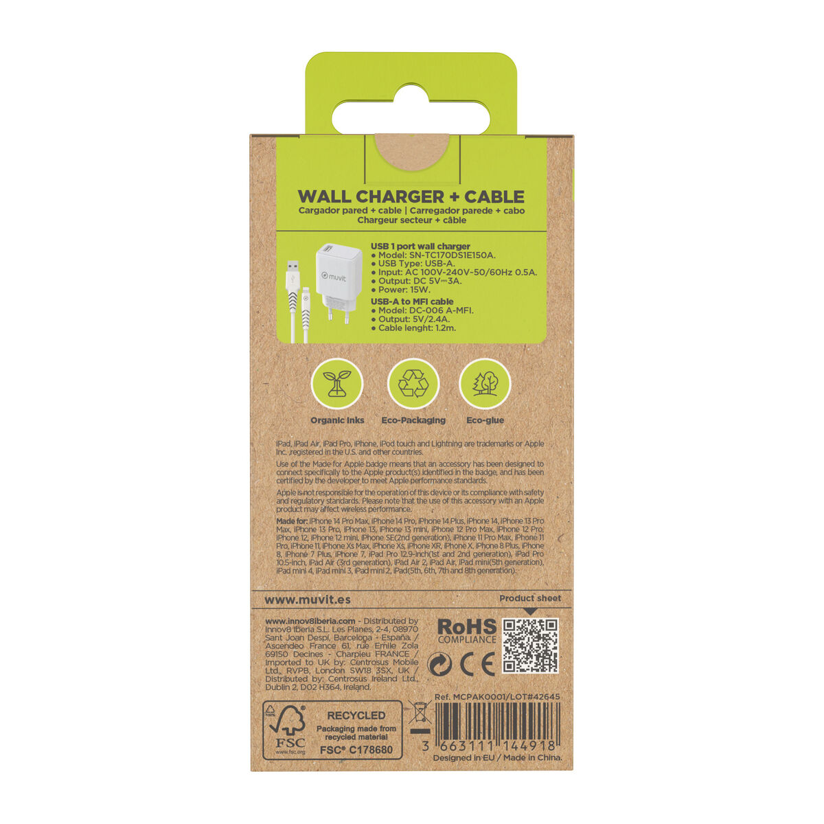 Wall Charger + USB A to USB-C Cable Muvit for Change White 12 W