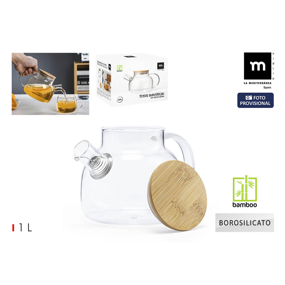 Teapot La Mediterrnea Brown Transparent Bamboo Borosilicate Glass 1 L (12 Units)
