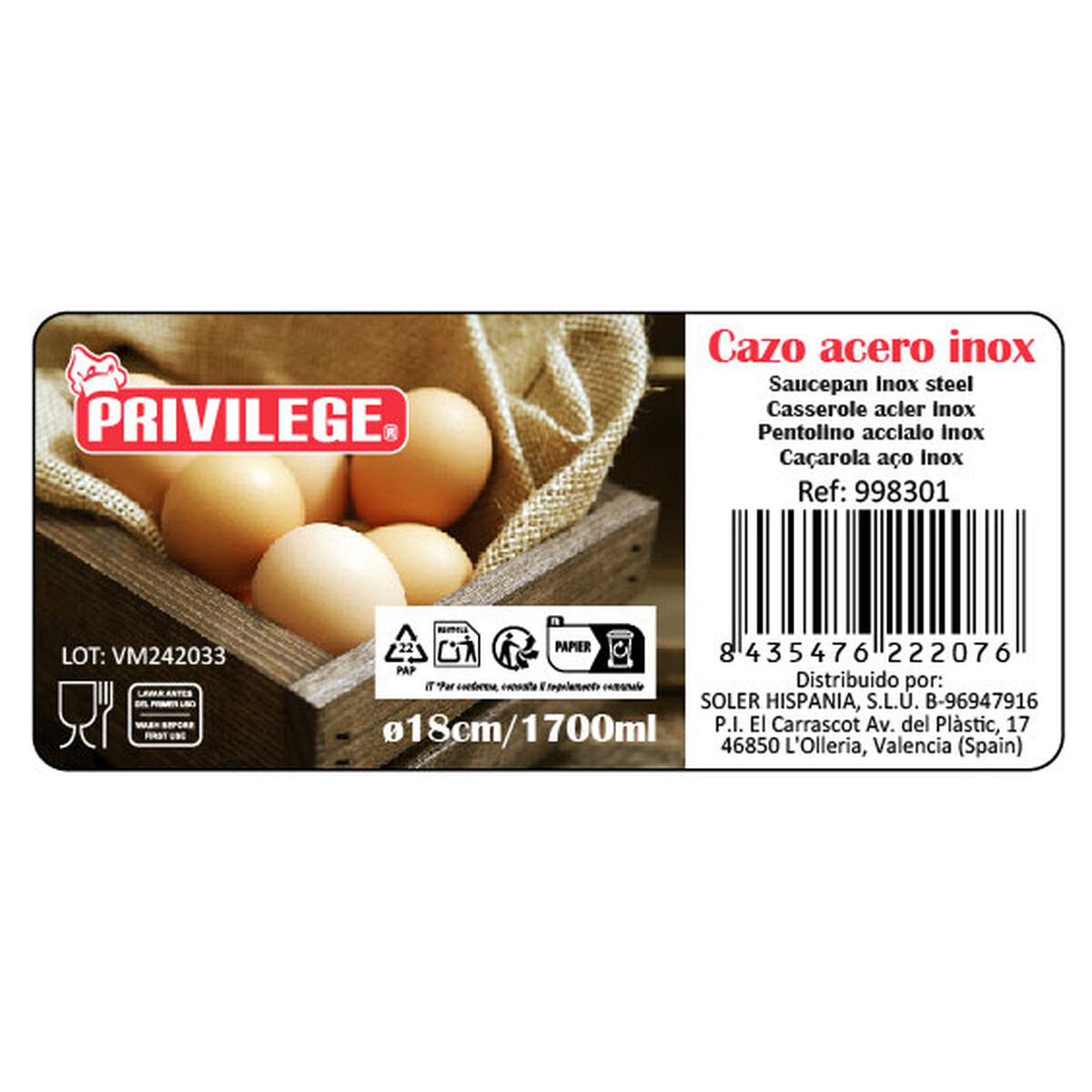 Saucepan Privilege Stainless steel 1,7 L (12 Units)