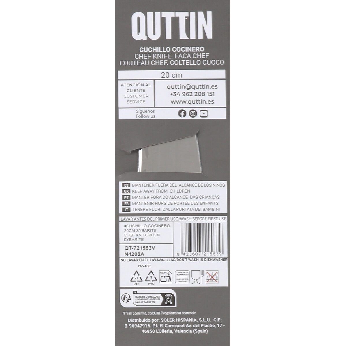 Kitchen Knife Quttin SYBARITE Black Silver 20 cm (8 Units)