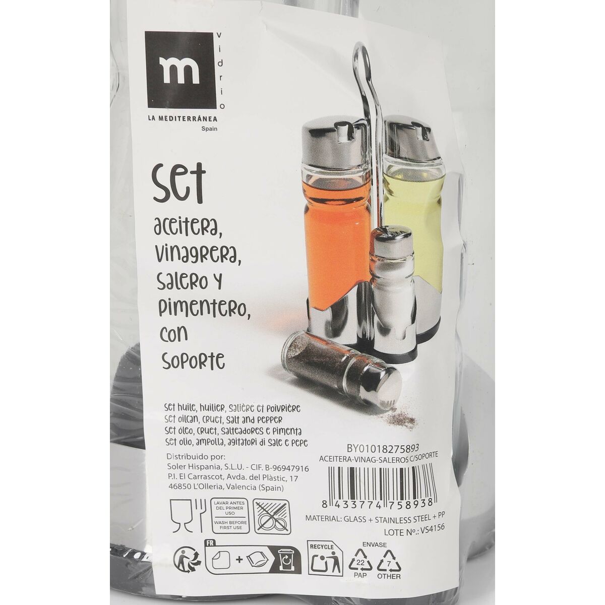 Condiment Set Anna Transparent Silver 10 x 10 x 21 cm (12 Units)