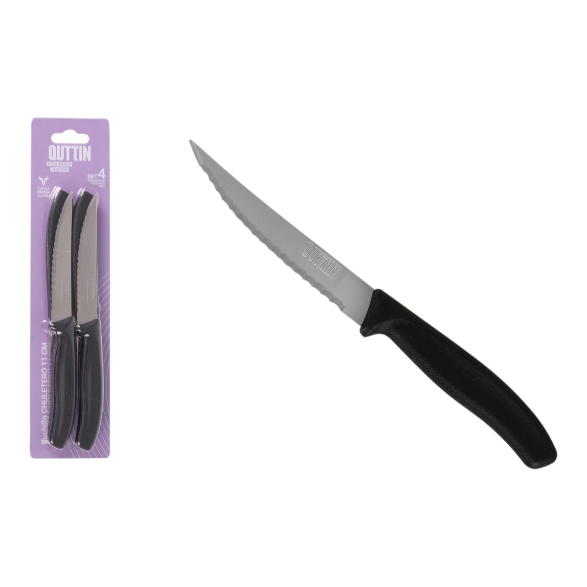 Meat Knife Set Quttin Black Silver Stainless steel 11 cm 4 Pieces (18 Units)