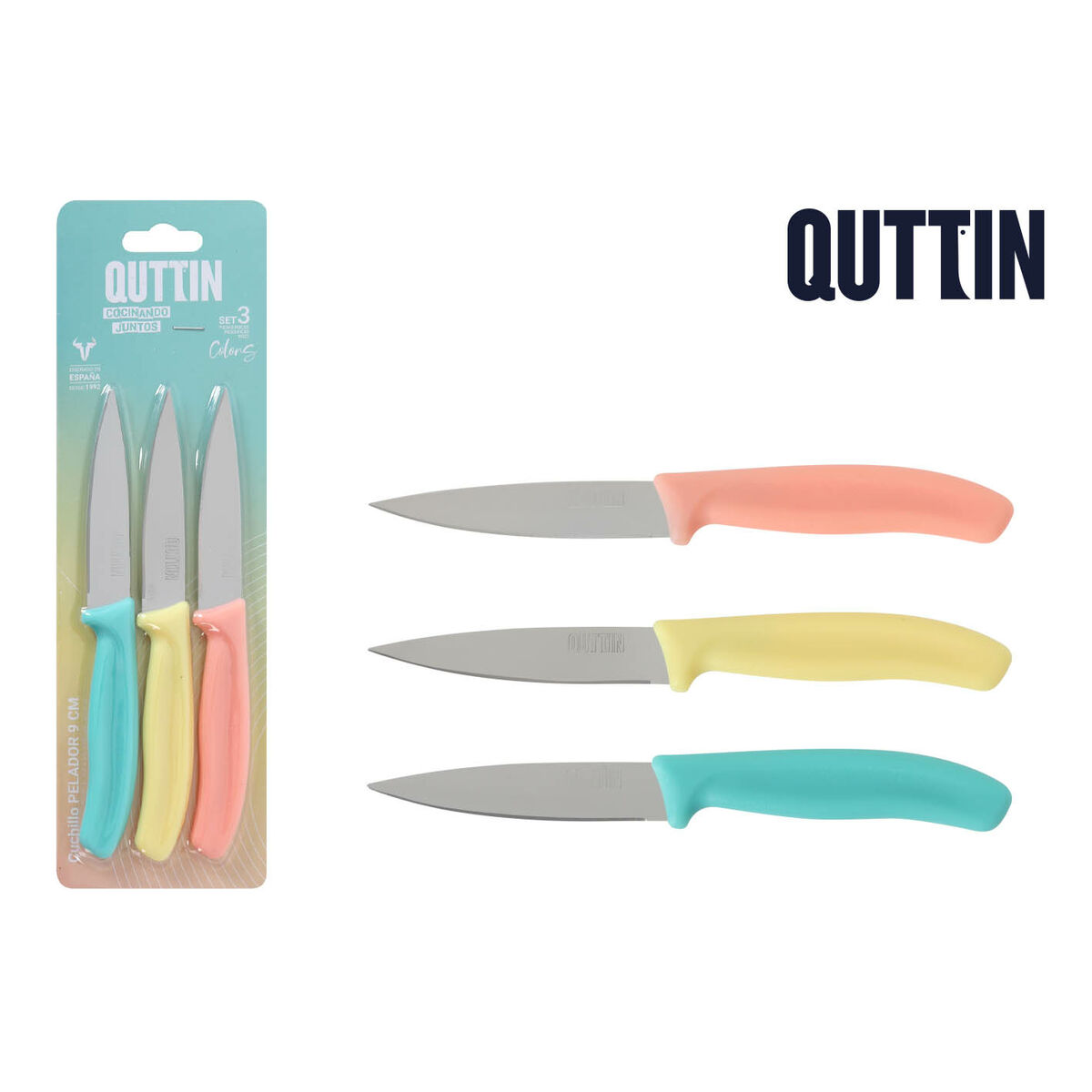 Peeler Knife Set Quttin Basic Multicolour Stainless steel 9 cm 3 Pieces (18 Units)