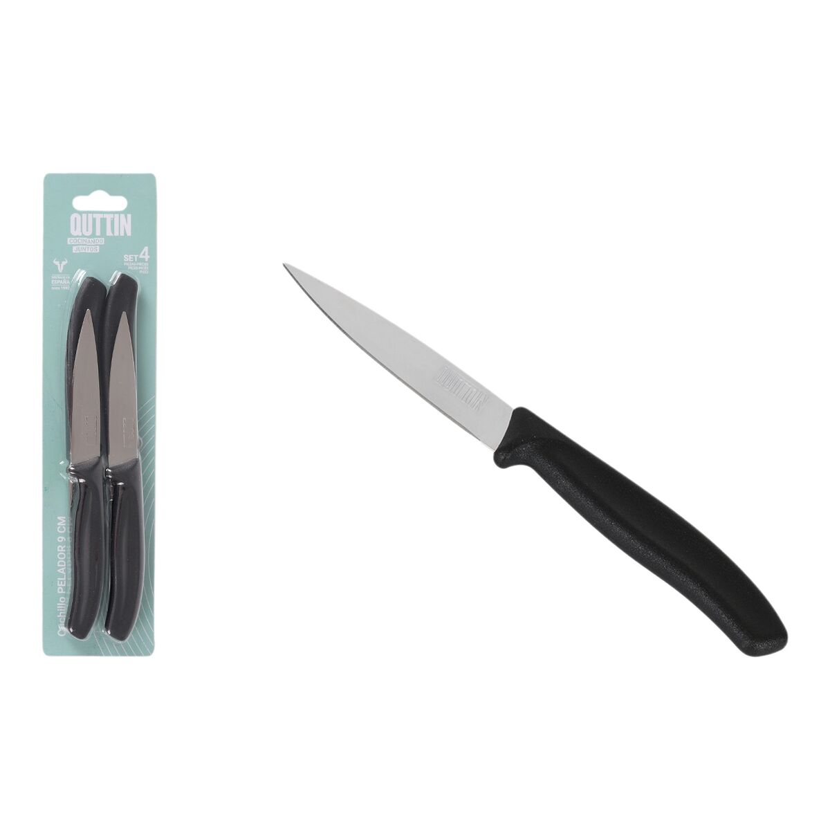 Peeler Knife Set Quttin Basic Black Silver Stainless steel 9 cm 4 Pieces (18 Units)