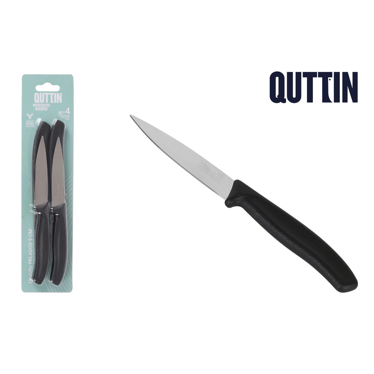 Peeler Knife Set Quttin Basic Black Silver Stainless steel 9 cm 4 Pieces (18 Units)