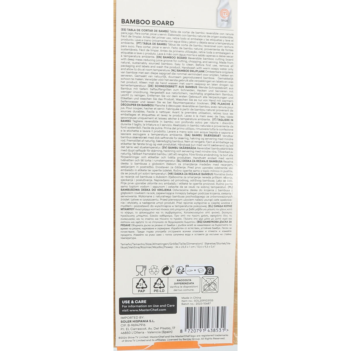 Cutting board MasterChef 34 x 23,5 x 1 cm (8 Units)