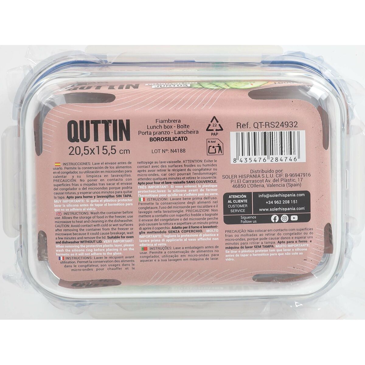 Hermetic Lunch Box Quttin Boho Transparent Rectangular 1 L (6 Units)
