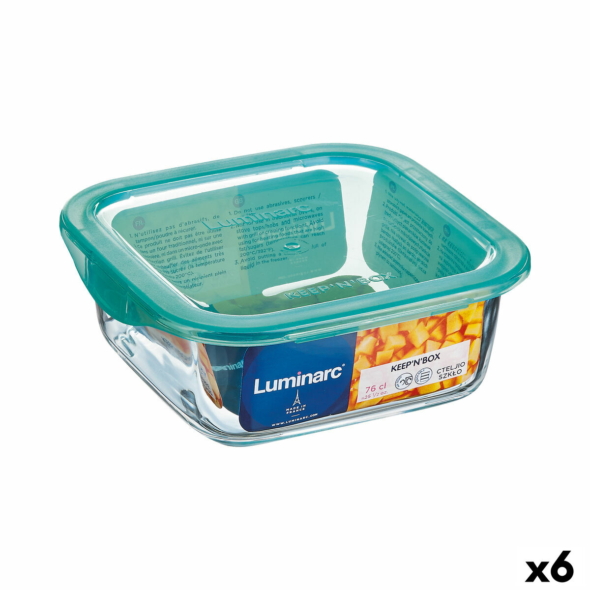 Square Lunch Box with Lid Luminarc Keep’n Lagon 10 x 5,4 cm Turquoise 380 ml Bicoloured Glass (6 Units)