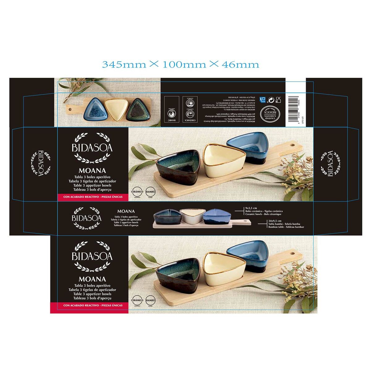 Appetizer Set Bidasoa Moana Multicolour Ceramic 34 x 9,5 x 4,5 cm 4 Pieces (12 Units)