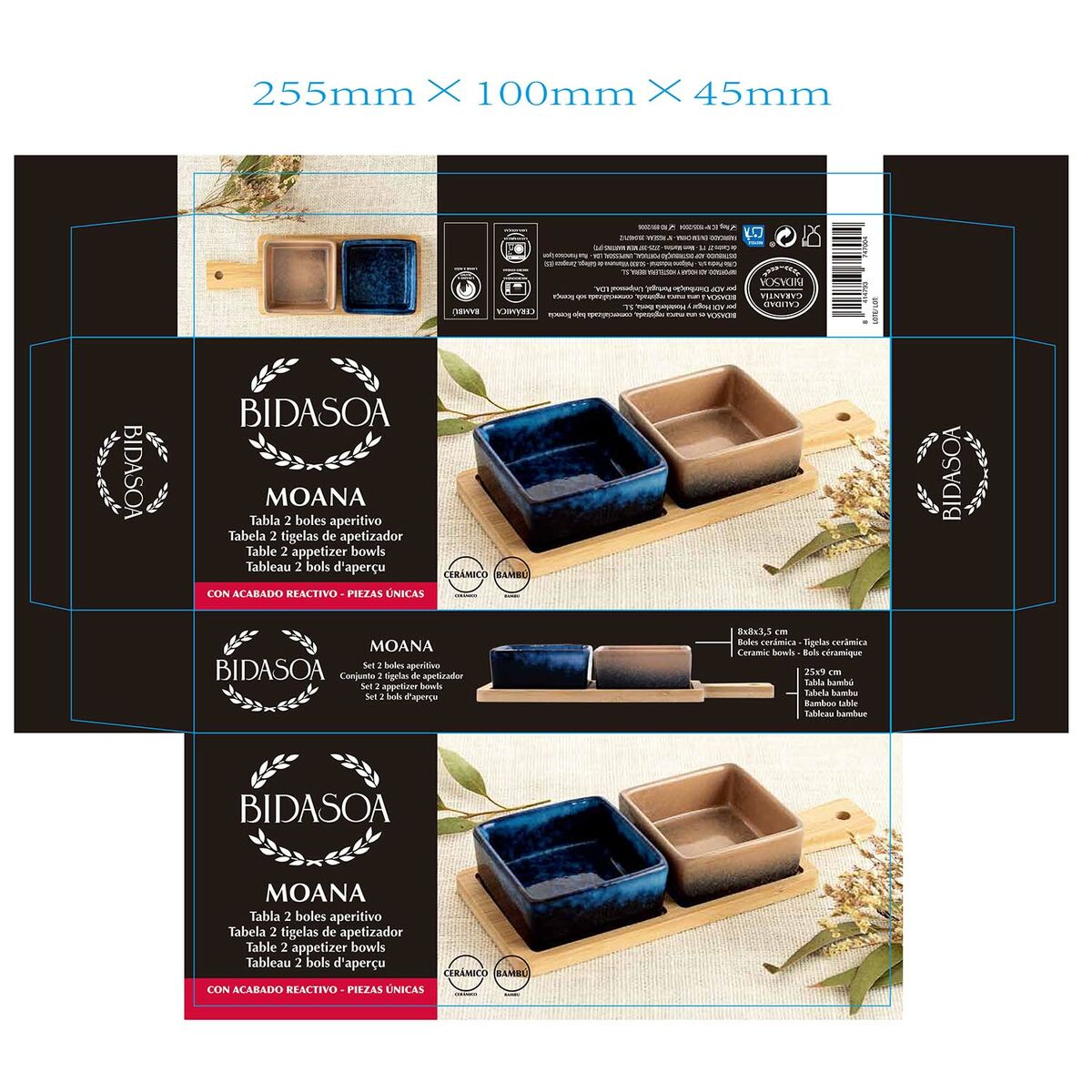 Appetizer Set Bidasoa Moana Multicolour Ceramic 25 x 9,5 x 4,5 cm 3 Pieces (12 Units)