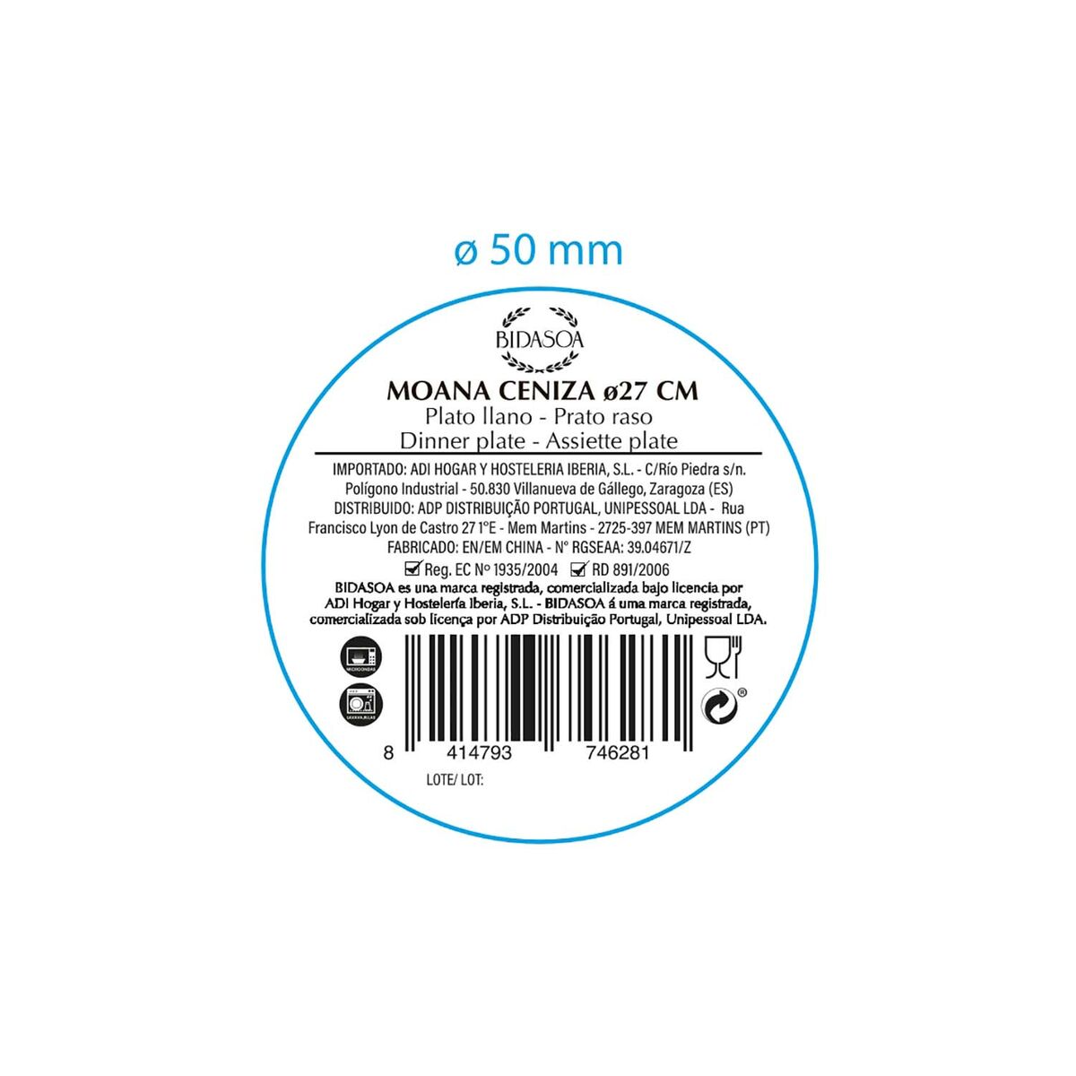 Flat Plate Bidasoa Moana Grey Ceramic  26 cm (12 Units)