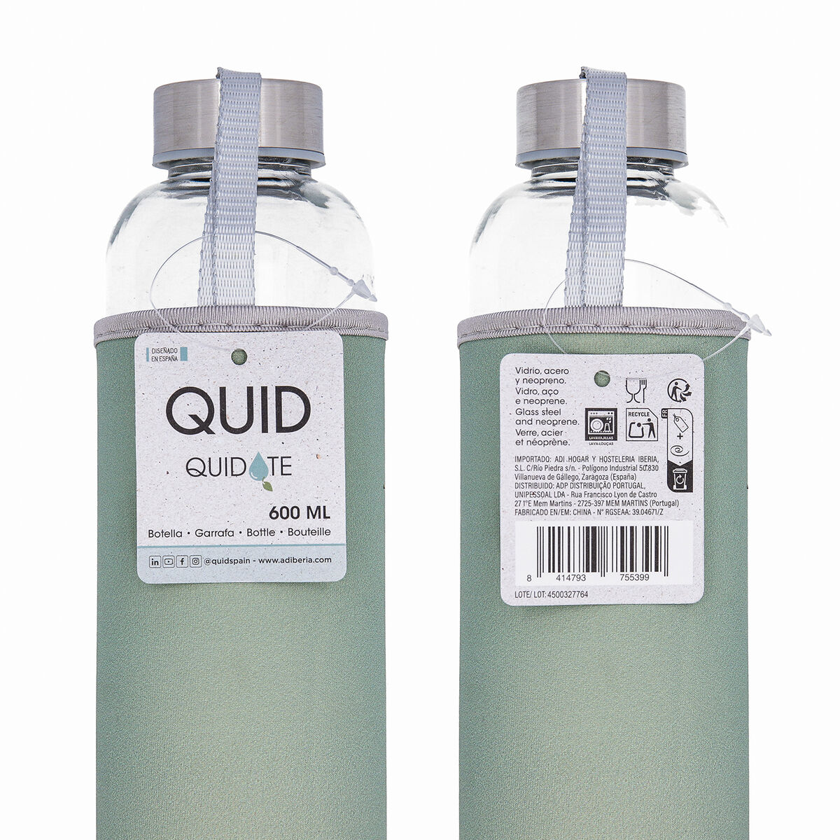 Water bottle Quid Quidate Grey Glass 600 ml (12 Units)