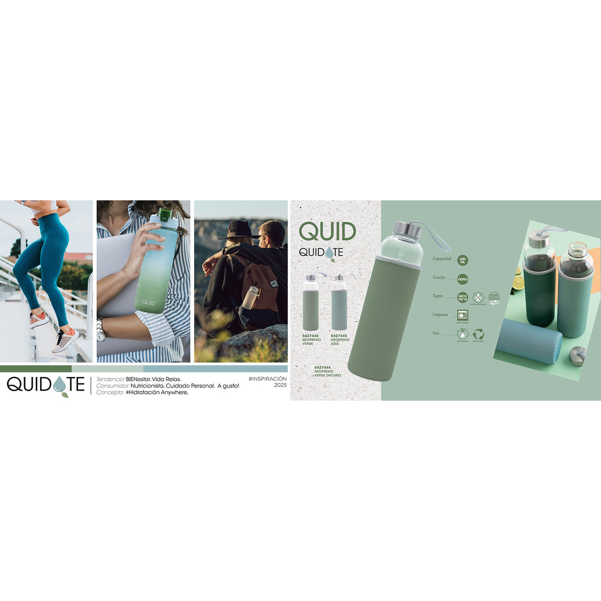 Water bottle Quid Quidate Grey Glass 600 ml (12 Units)