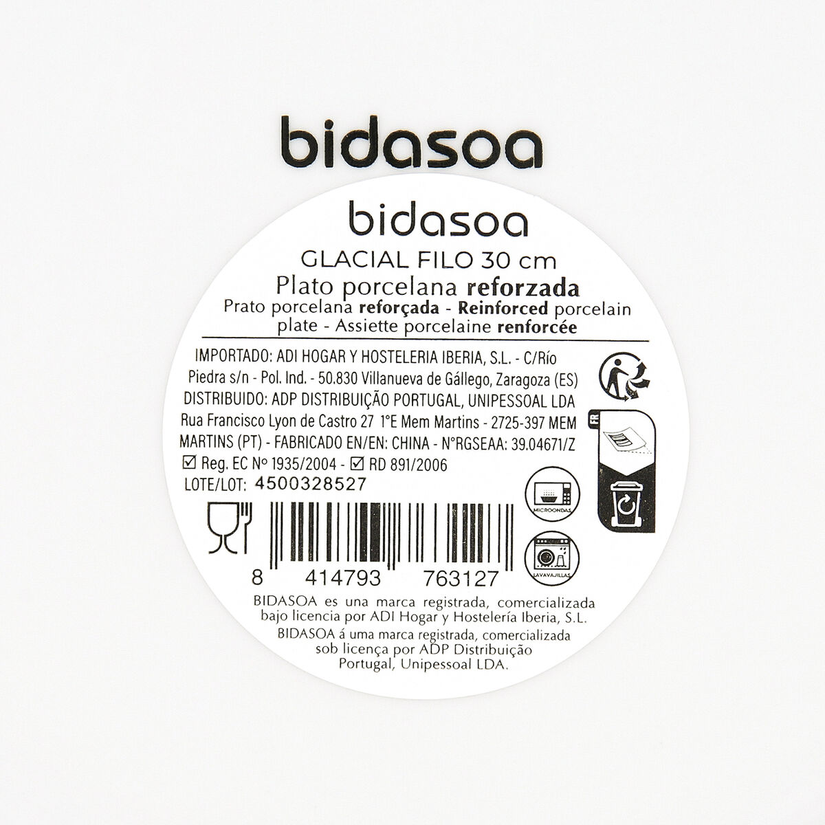 Flat Plate Bidasoa Glacial Filo White Ceramic  30 cm (12 Units)