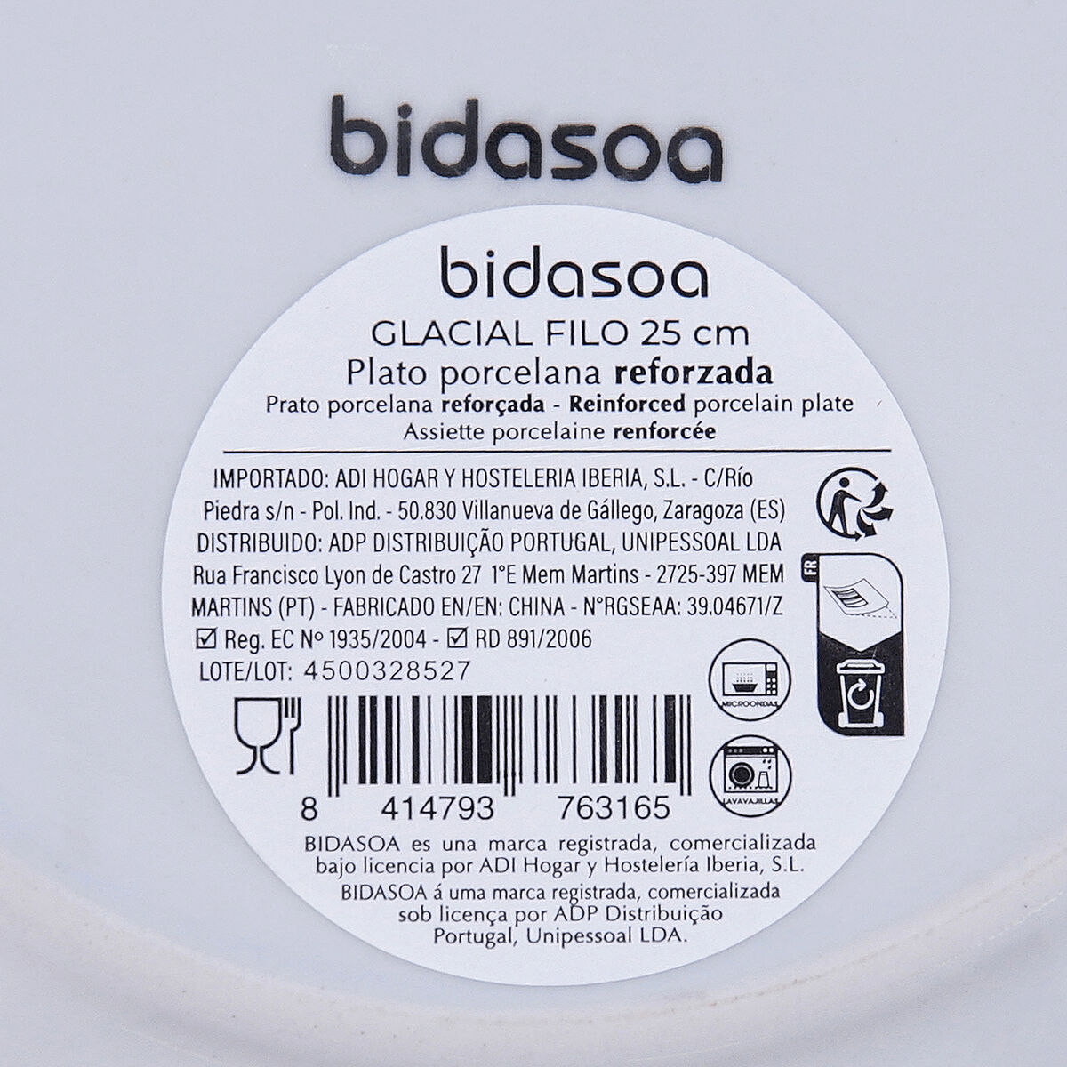 Flat Plate Bidasoa Glacial Filo White Ceramic  25 cm (24 Units)