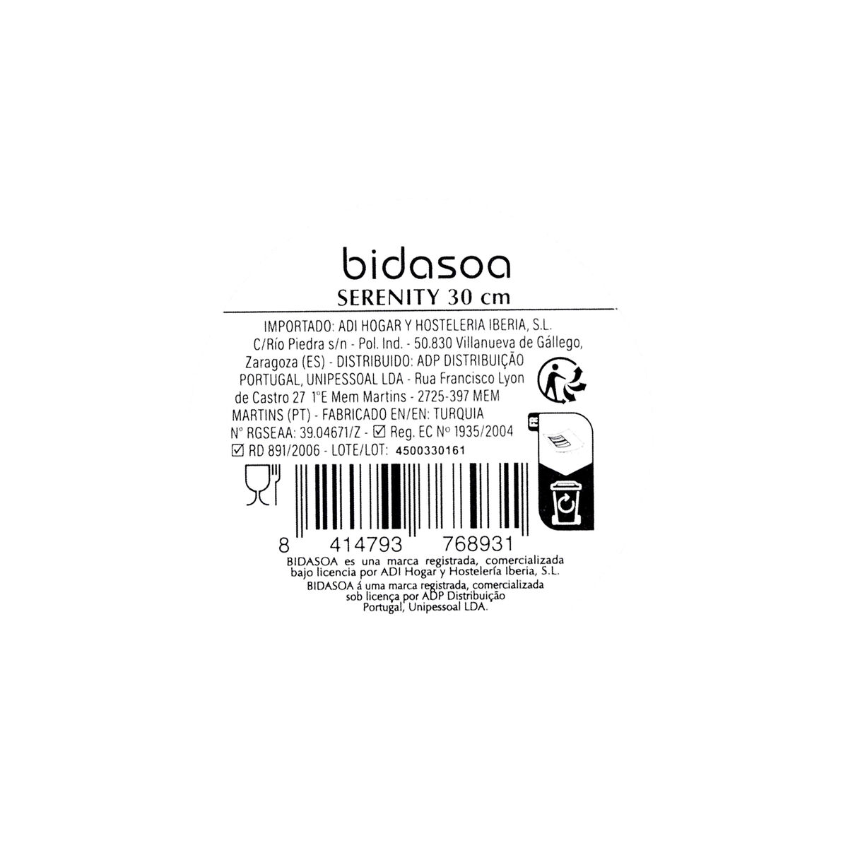 Flat Plate Bidasoa Serenity Hydrozero White Ceramic  30 cm (6 Units)