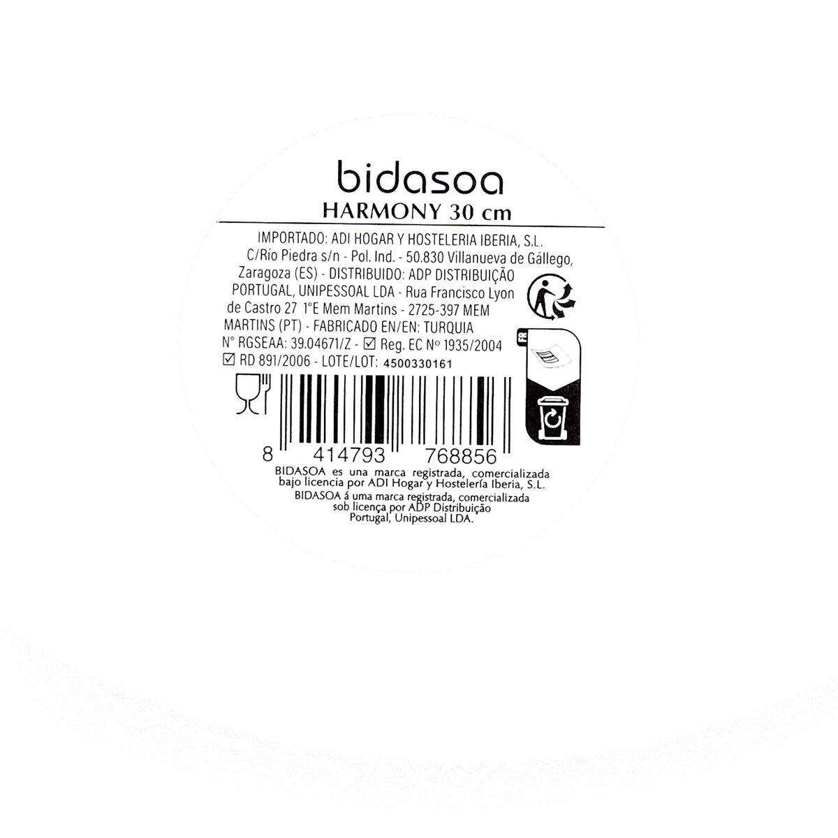 Flat Plate Bidasoa Harmony Hydrozero White Ceramic  30 cm (6 Units)