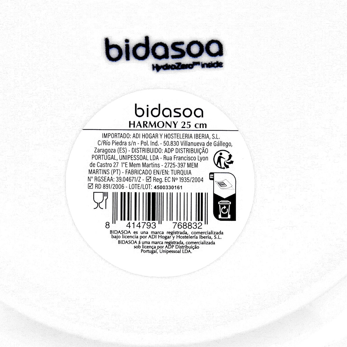 Flat Plate Bidasoa Harmony Hydrozero White Ceramic  25 cm (6 Units)
