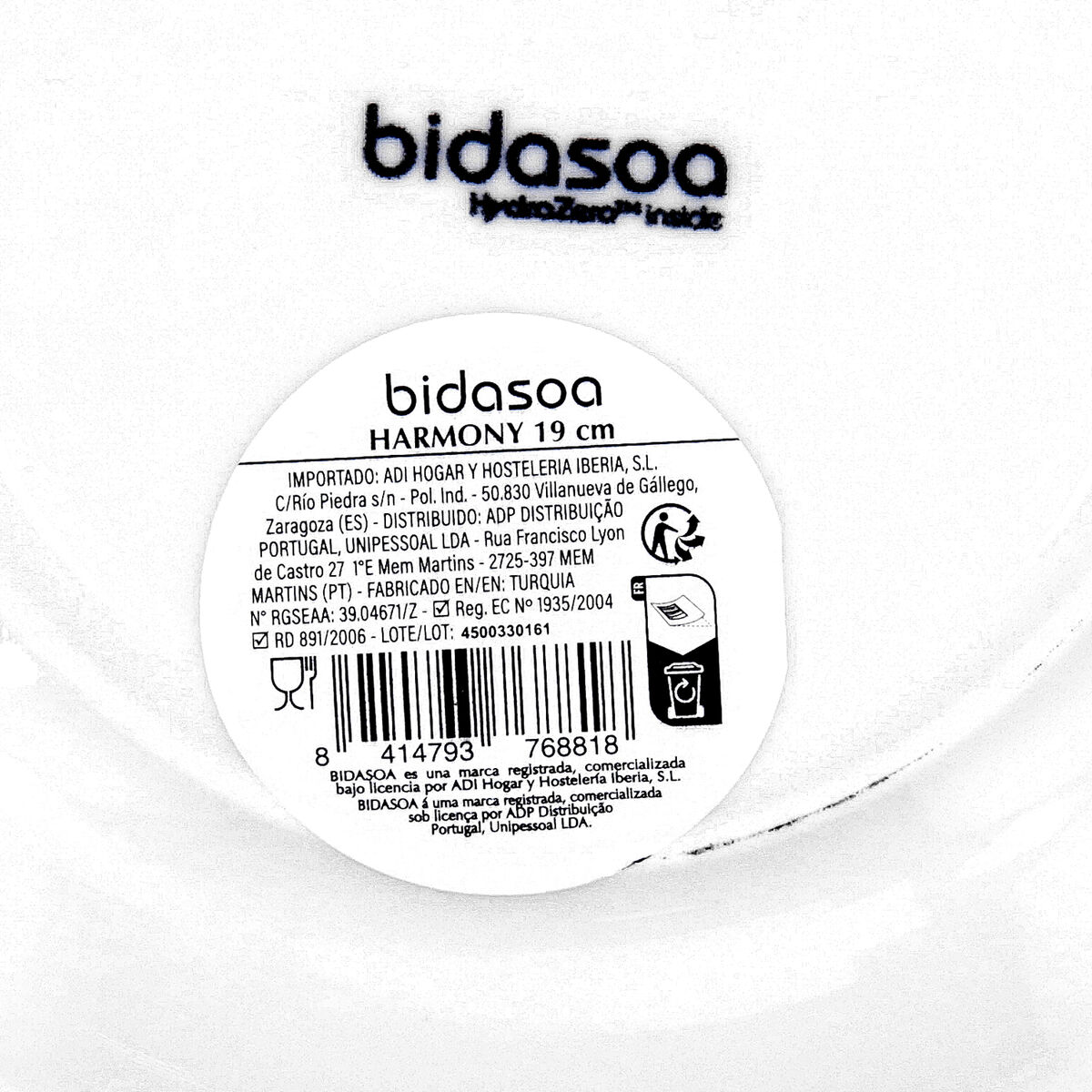 Flat Plate Bidasoa Harmony Hydrozero White Ceramic  19 cm (6 Units)