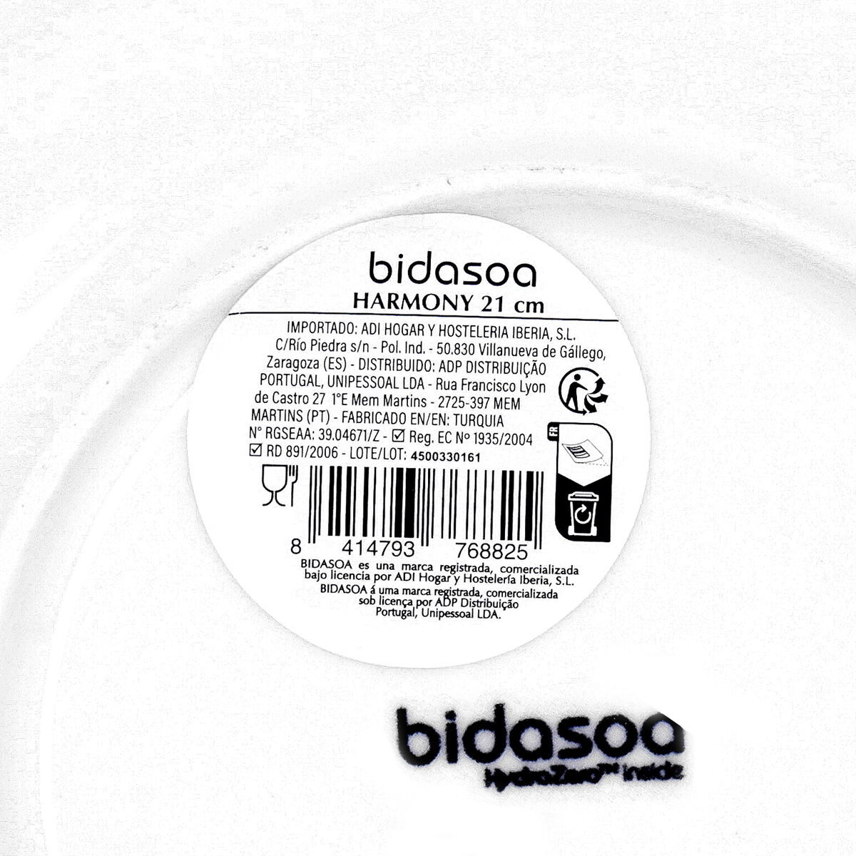 Flat Plate Bidasoa Harmony Hydrozero White Ceramic  21 cm (6 Units)