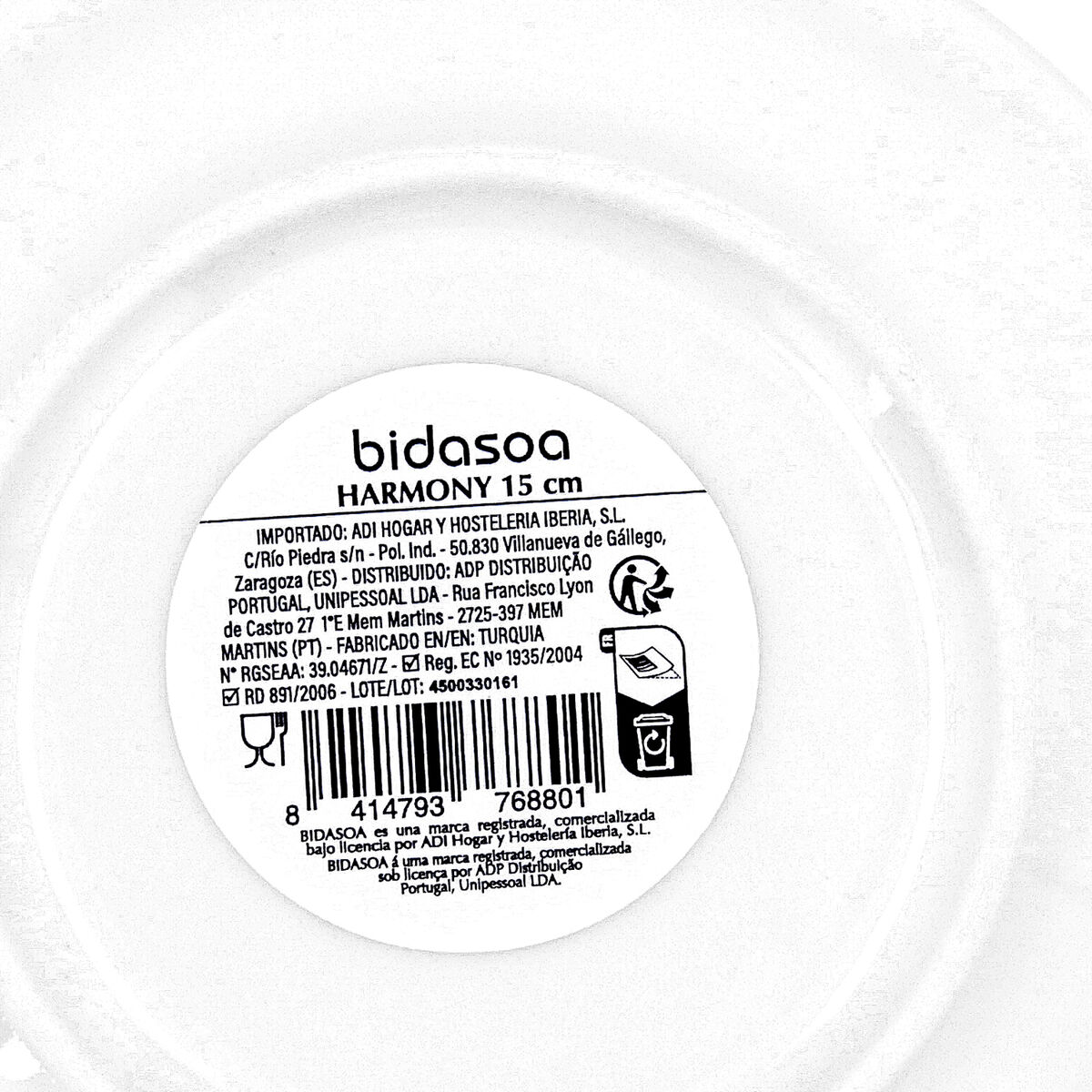 Flat Plate Bidasoa Harmony Hydrozero White Ceramic  15 cm (6 Units)