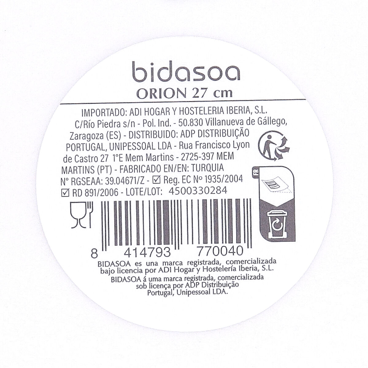 Flat Plate Bidasoa Orion Hydrozero White Ceramic  27 cm (6 Units)