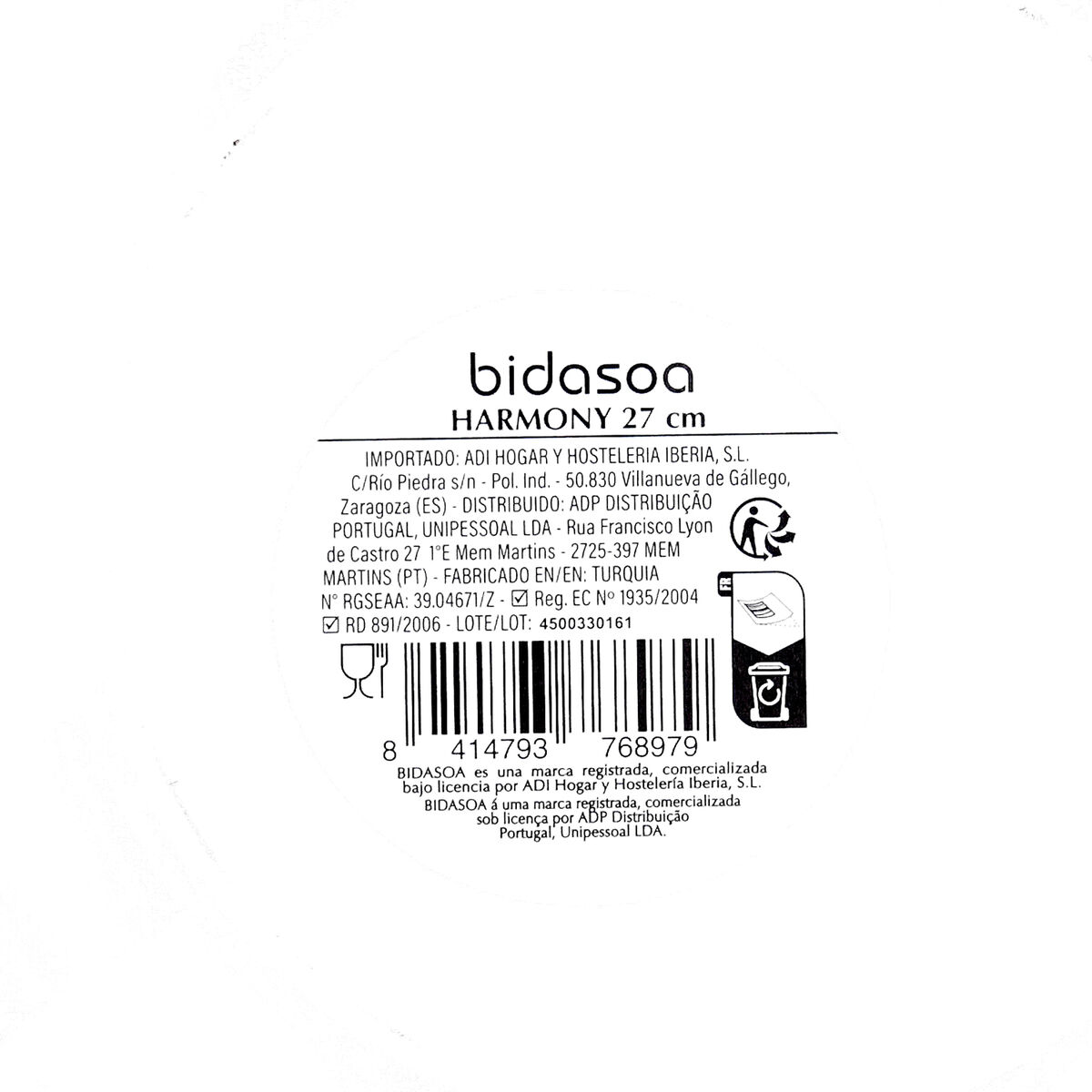 Pasta Dish Bidasoa Harmony Hydrozero White Ceramic  27 cm (6 Units)