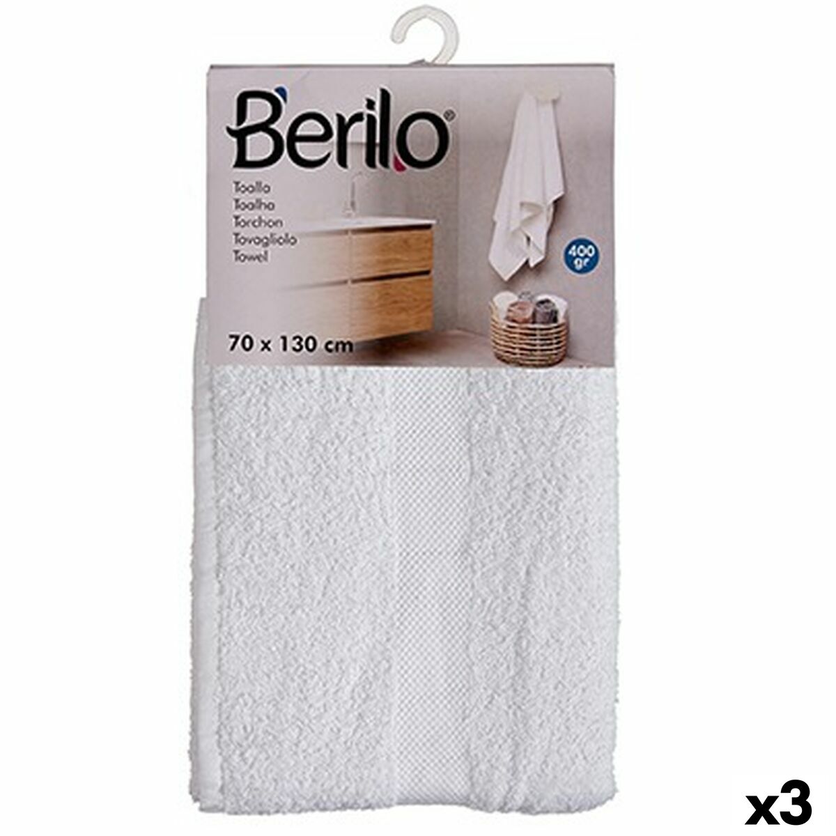 Bath towel Berilo 89678 White 80 % cotton 20 % Polyester 70 x 130 cm (3 Units) Bath towel Berilo 89678 White 80 % cotton 20 % Polyester 70 x 130 cm (3 Units)