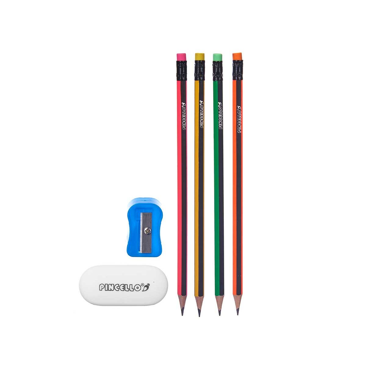 Pencil Set Pincello 476 Yellow Red Green Pencil Sharpener Eraser (12 Units)