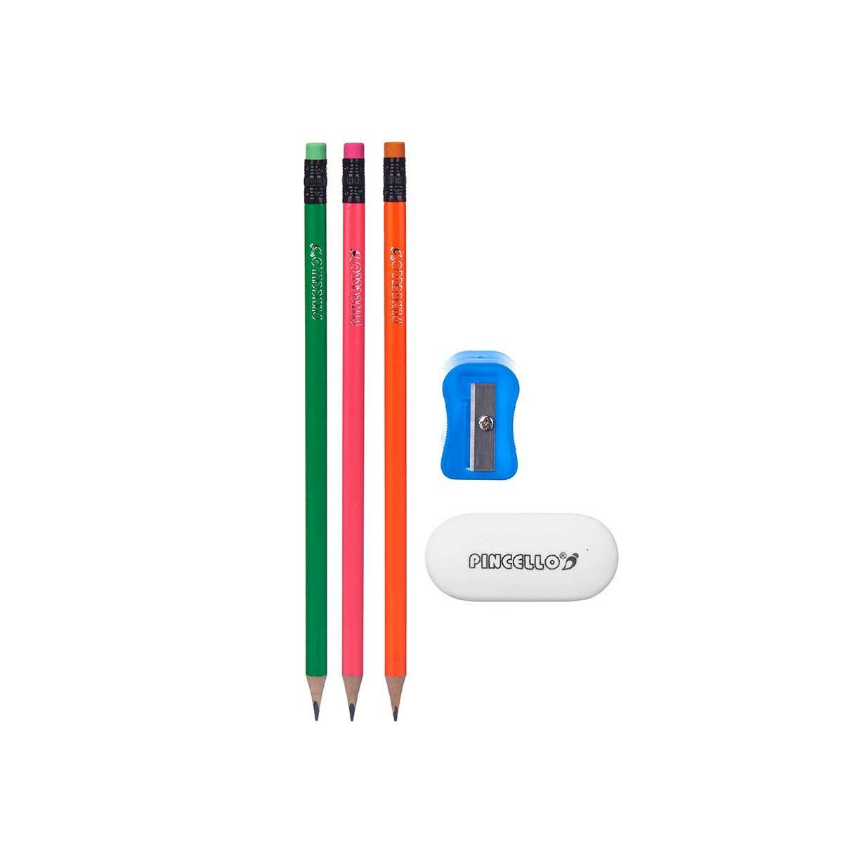Pencil Set Pincello 477 Blue Red Green Orange Pencil Sharpener Eraser (12 Units)