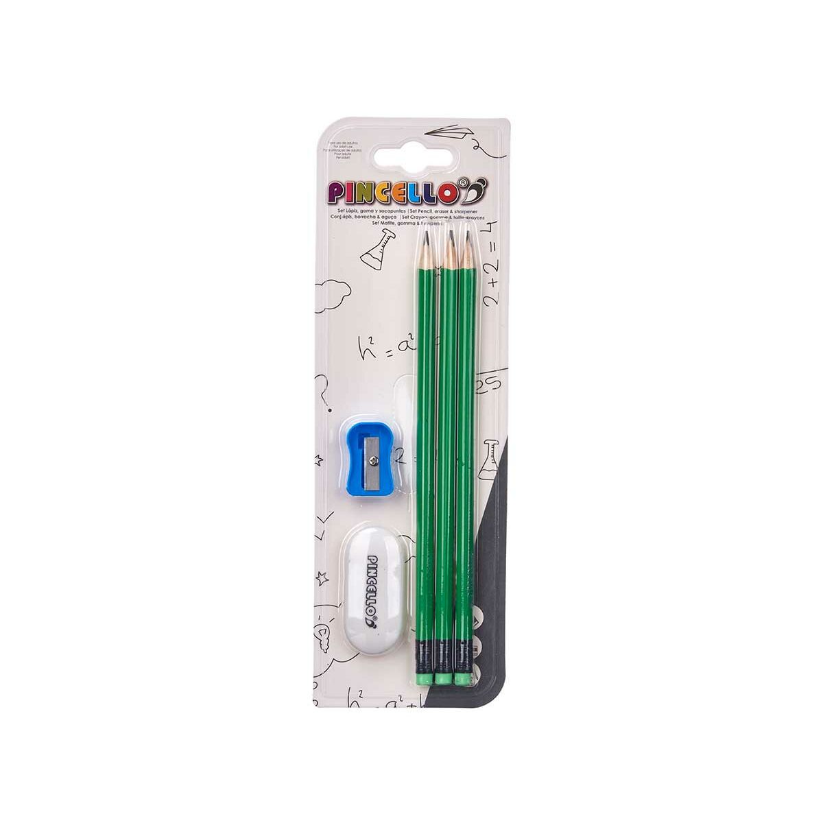 Pencil Set Pincello 477 Blue Red Green Orange Pencil Sharpener Eraser (12 Units)