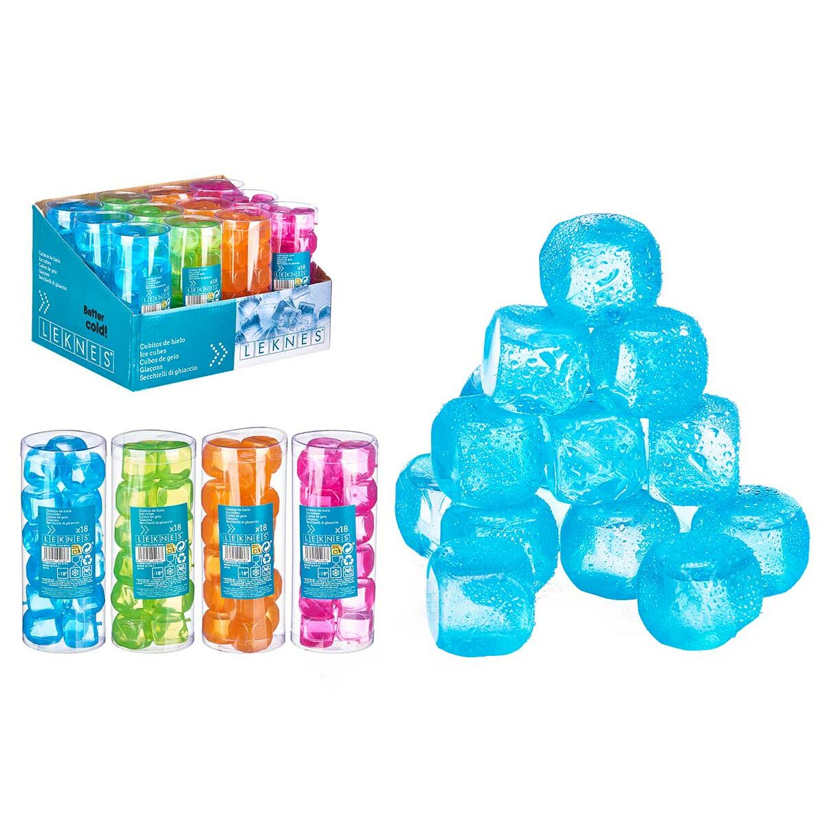 Reusable cooling cubes Leknes TK22008 Blue Green Orange Pink Polyethylene Distilled water 6,5 x 16 x 6,5 cm 18 Pieces (12 Units)
