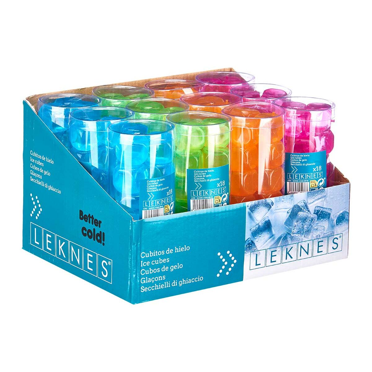 Reusable cooling cubes Leknes TK22008 Blue Green Orange Pink Polyethylene Distilled water 6,5 x 16 x 6,5 cm 18 Pieces (12 Units)