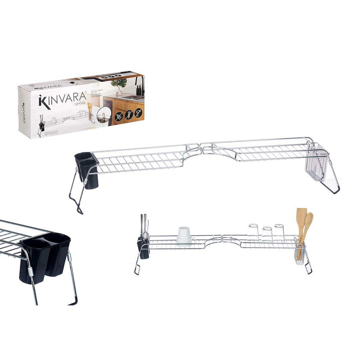 Extendable Dish Drainer for Sink Kinvara W3422A-1 Black Silver Metal polypropylene 44 x 11 x 16 cm (4 Units)