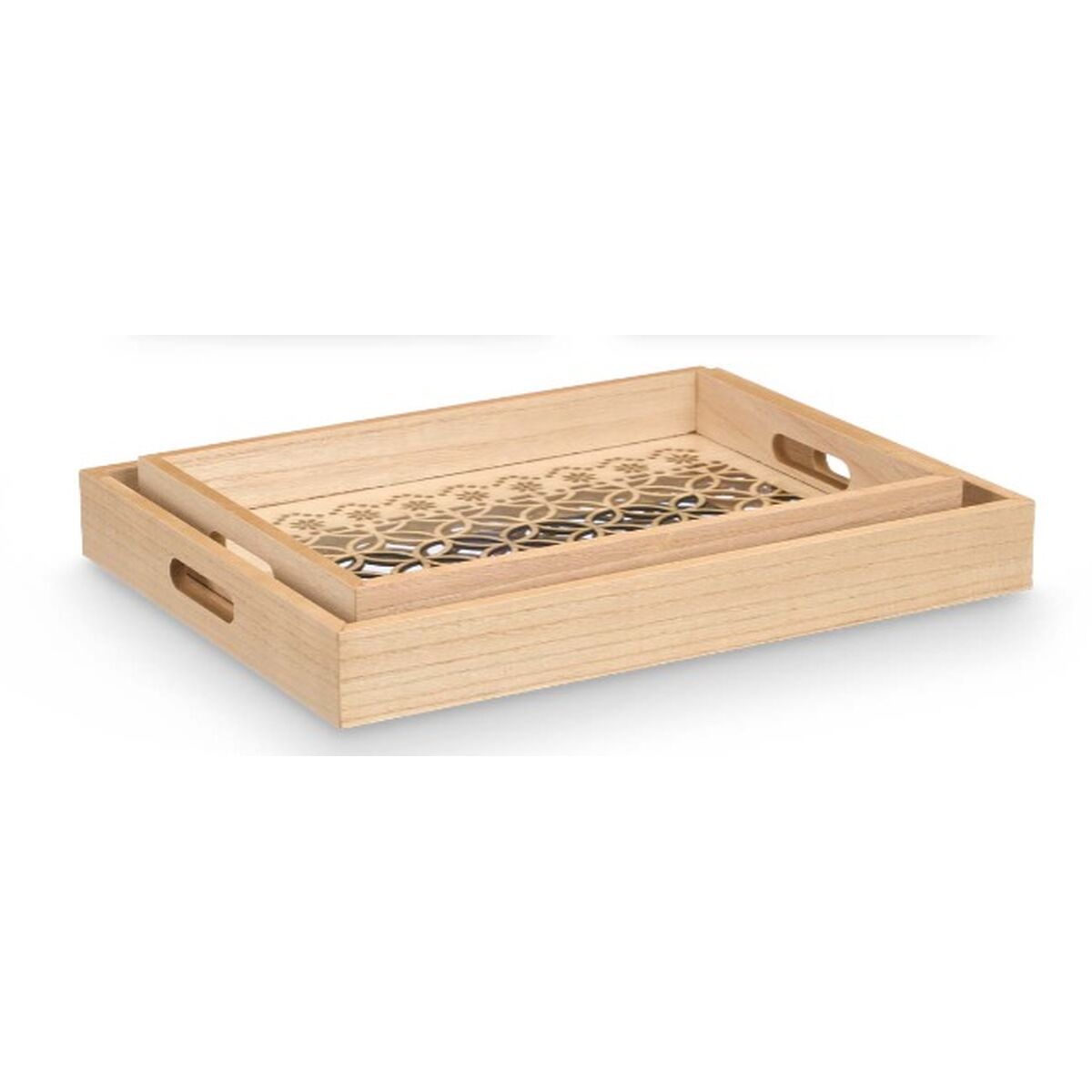 Set of trays Gift Decor Brown Transparent Wood Glass Circle 2 Pieces