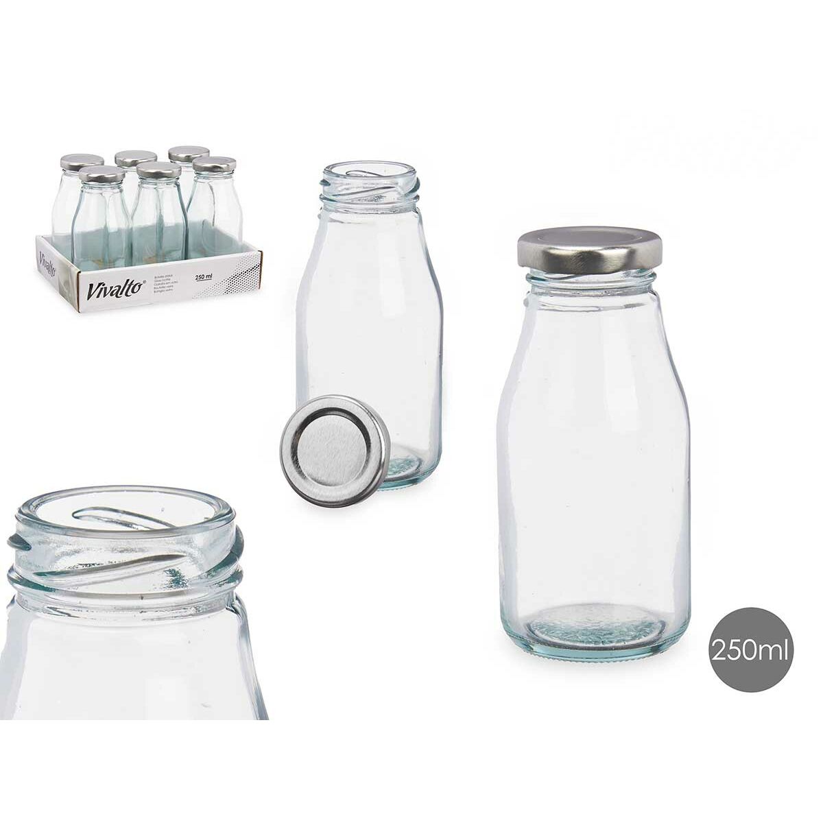 Glass Bottle Vivalto Transparent Silver PVC Metal Glass 250 ml (6 Units)