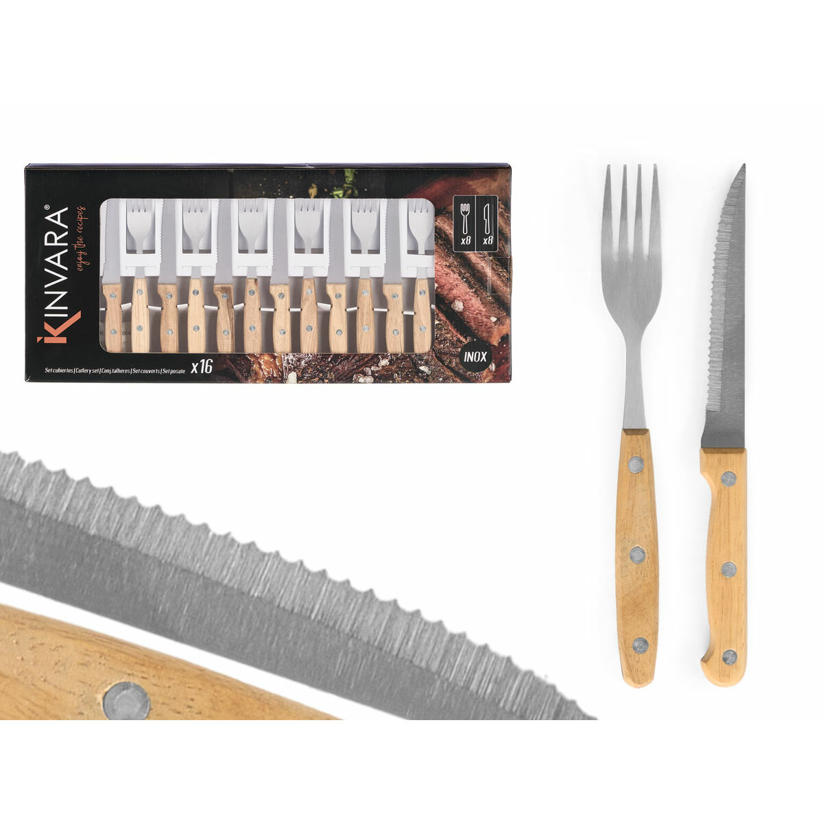 Cutlery Kinvara Brown Silver Wood Metal 16 Pieces (6 Units)