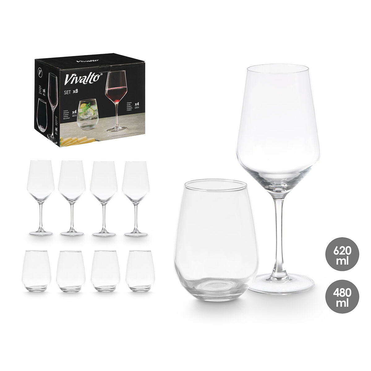 Glass and Wine Glass Set Vivalto Transparent Glass 8 Pieces (2 Units)